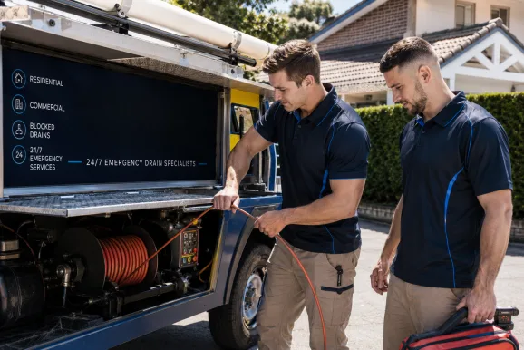 Two plumbers working on a blocked drain in Dover Heights