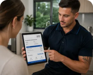 Plumber showing a Dover Heights customer the quote on a tablet