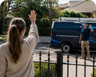 Customer waving goodbye to a Dover Heights Blocked Drains plumber